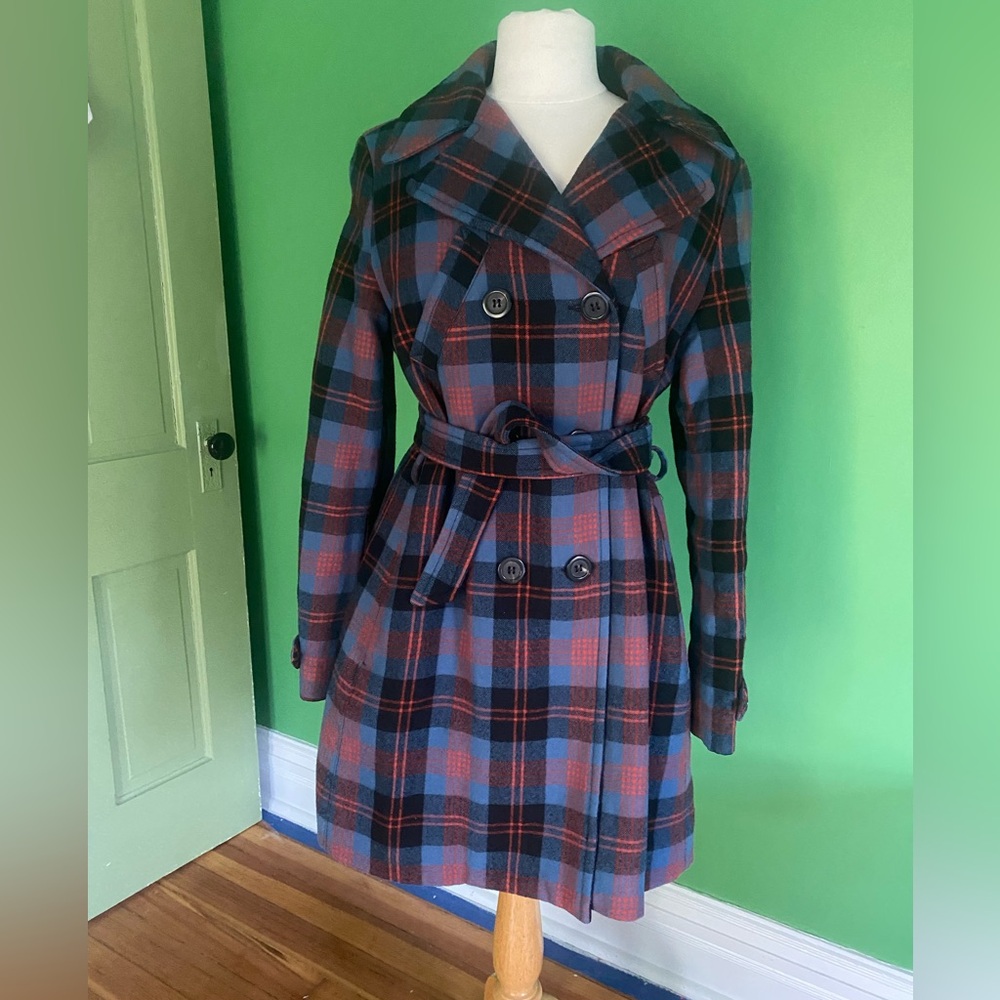 McQ by Alexander McQueen 201 4 Plaid tartan Belted Wool Coat blue burgundy